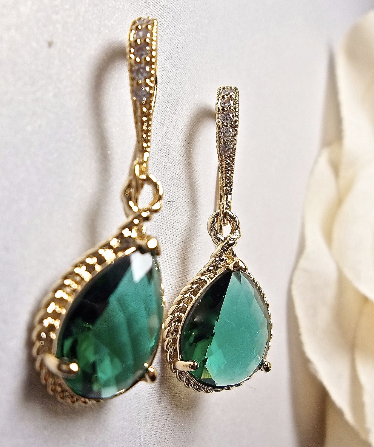 Emerald earrings - Czech glass -14k Gold over Sterling Cubic Zirconia encrusted earwires - Beautiful high Quality jewelry -