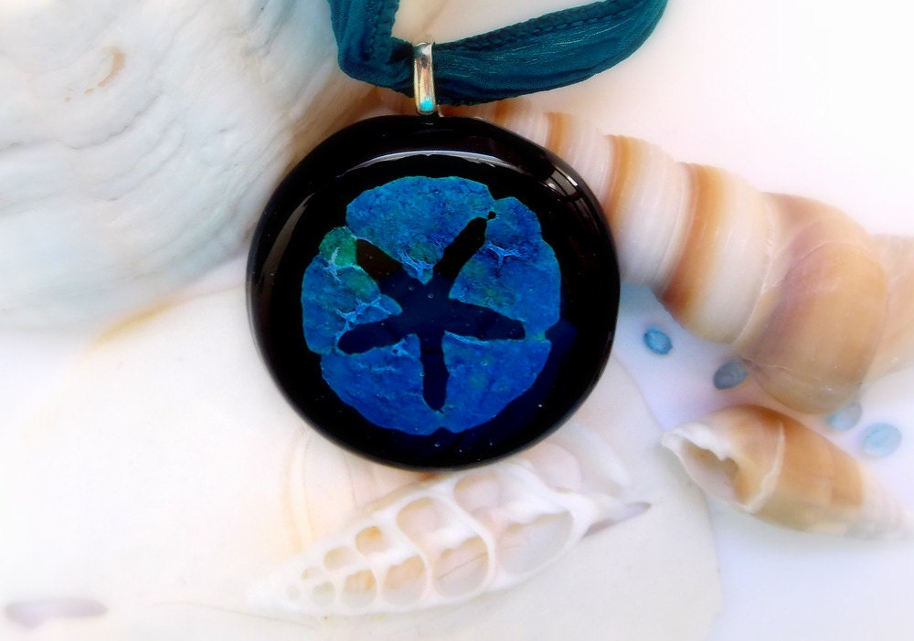 Starfish Sandollar Sealife Blue and Black Fused Glass Pendant