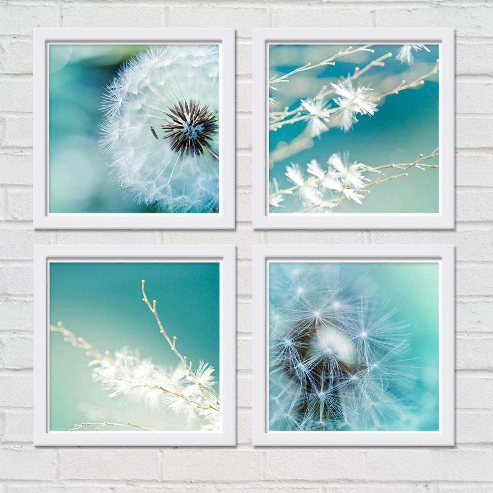 Dandelion photography print set Fine art photography 5x5  botanical print - nature photography art print  blue wall art clickety summer teal