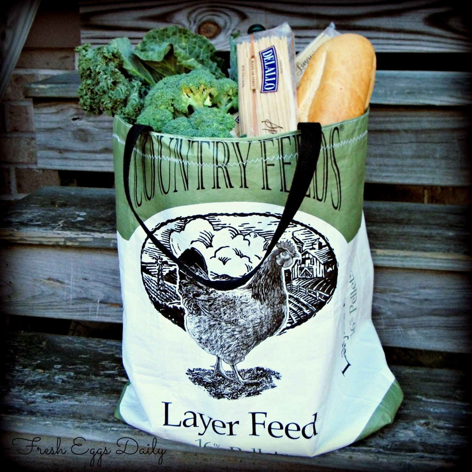 Green Country Feeds Chicken Handmade Repurposed Eco-friendly Market Feed Tote Shopping Bag