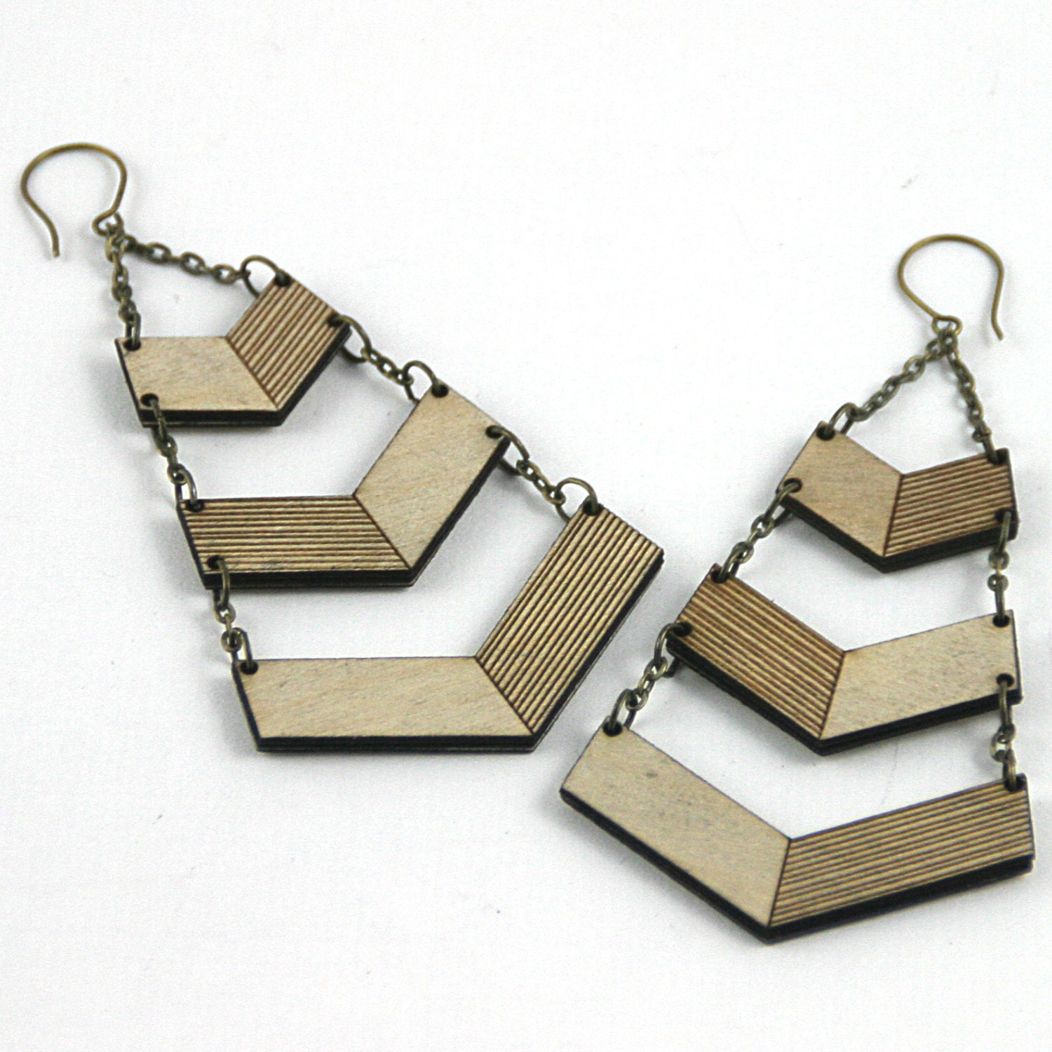 Three Tier Chevron Earrings - Make a Statement, Large Etched Wood Earrings (0020)
