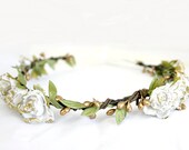 White Gold Rose Floral Crown, Flower Crown. Woodland, Spring, Hair Wreath, Bridal, Hair Accessories, Floral, Bohemian Halo