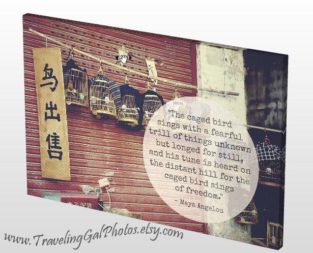 Canvas Gallery Wrap 16x24 inspirational art print quotes travel photography bird cages China red brick ivory gold home decor ready to frame