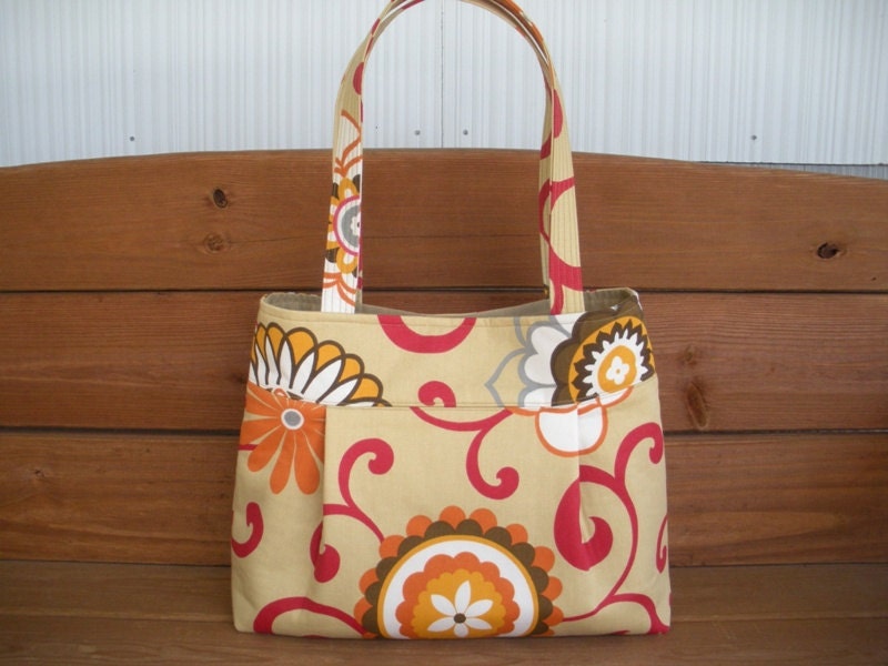 Fabric Handbag Purse Tote Bag Diaper Pleated Bag in Beige with Multicolor Sunflower Print / Ready to ship