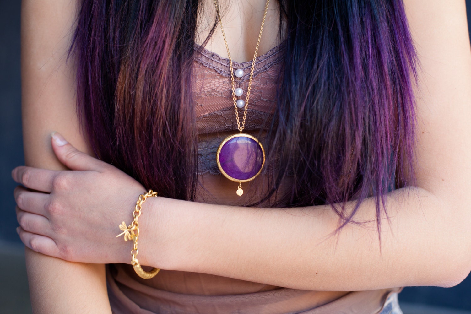 round gemstone LARGE pendant candy  PURPLE jade stone pendant gold necklace long chain israel jewelry