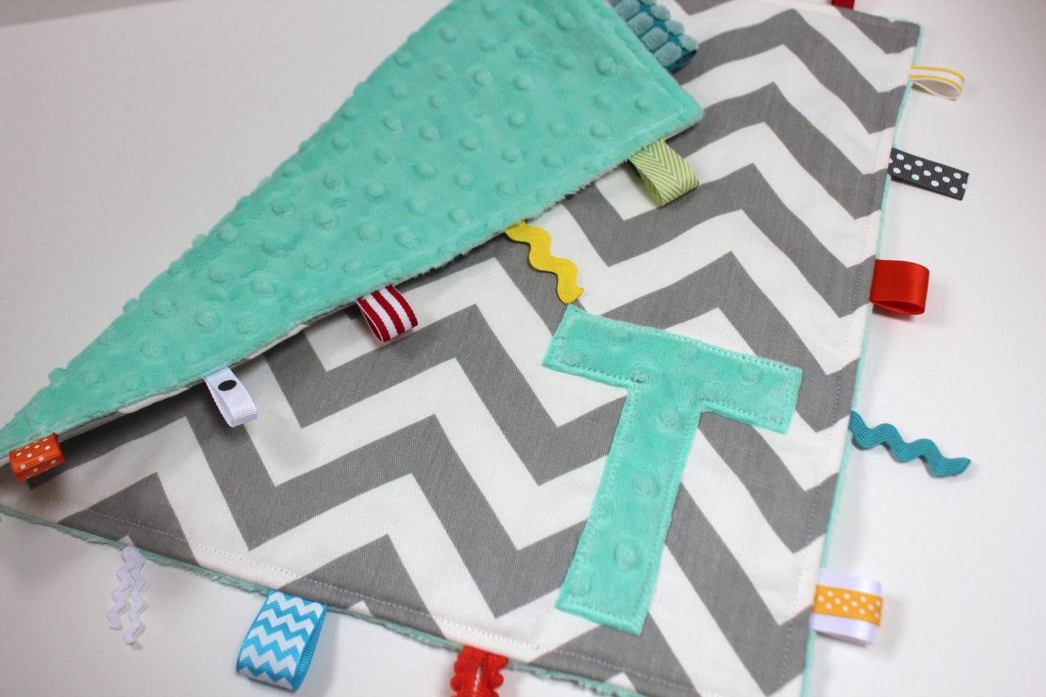 Personalized gray chevron baby lovey- Mint Opal Seafoam travel minky blanket - nursery shower gift monogram intial elephant