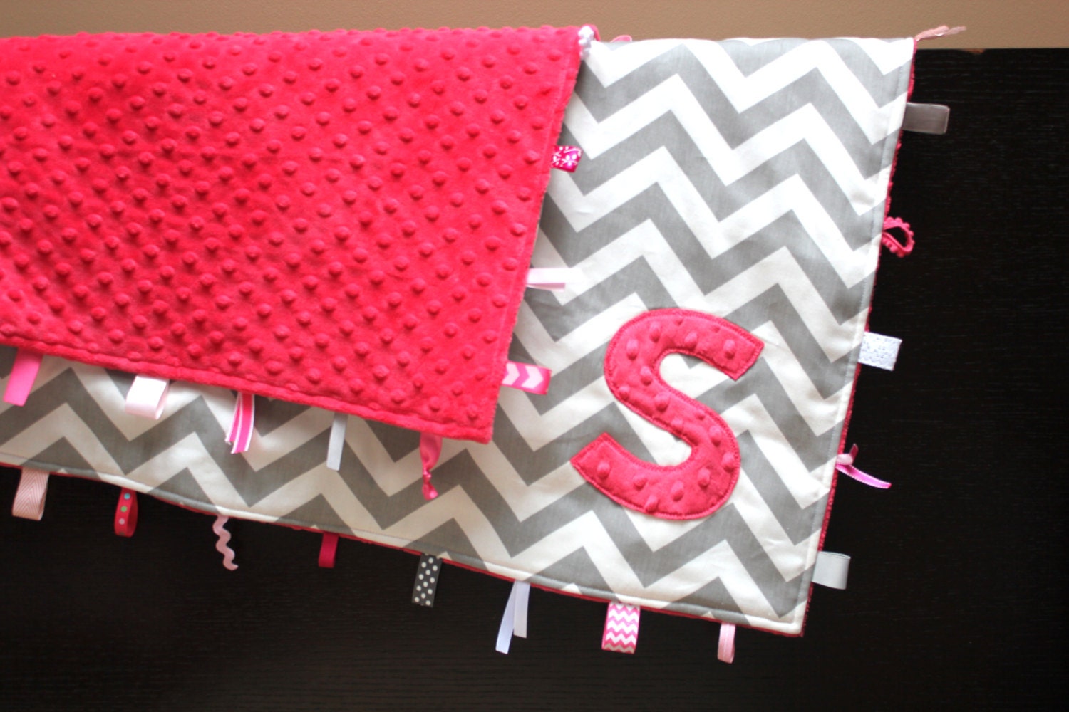 Personalized pink gray chevron large taggie baby blanket - girls crib stroller - shower gift