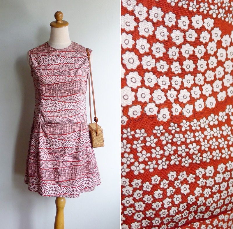 Vintage 60's Orange Rust Mini Floral Dropwaist Dress XS or S