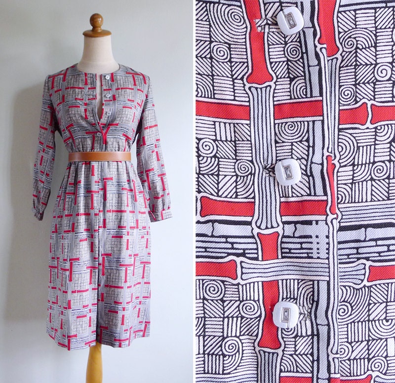 Vintage 70's Art Deco Bamboo Geometric Print Dress XS or S