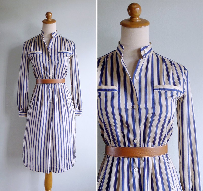 Vintage 80's Pajama Stripe Cream & Blue Silky Shirt Dress XS