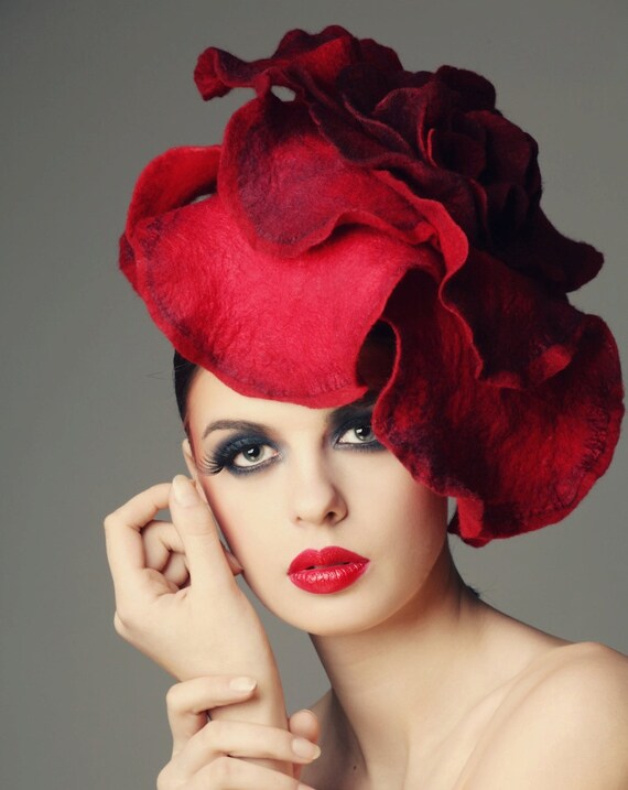 Scarlet Rose fascinator hat with merino wool, silk fibers and chiffon silk