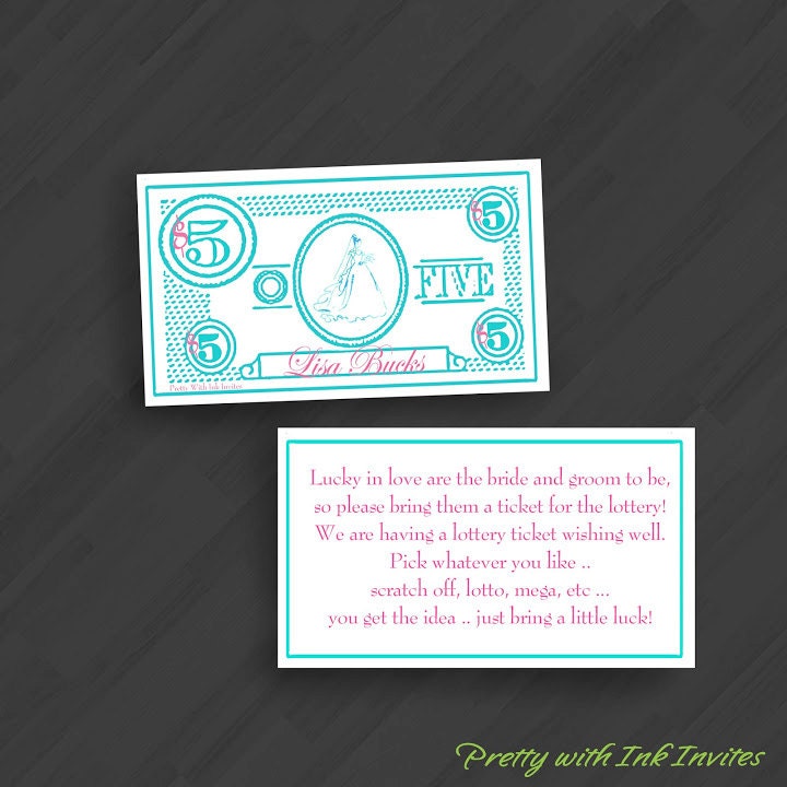 Party Favors/Shower Favors - Bride Bucks - 100 2x3 Fake Customized Bills (shown in Pink/Teal Orange/Teal)