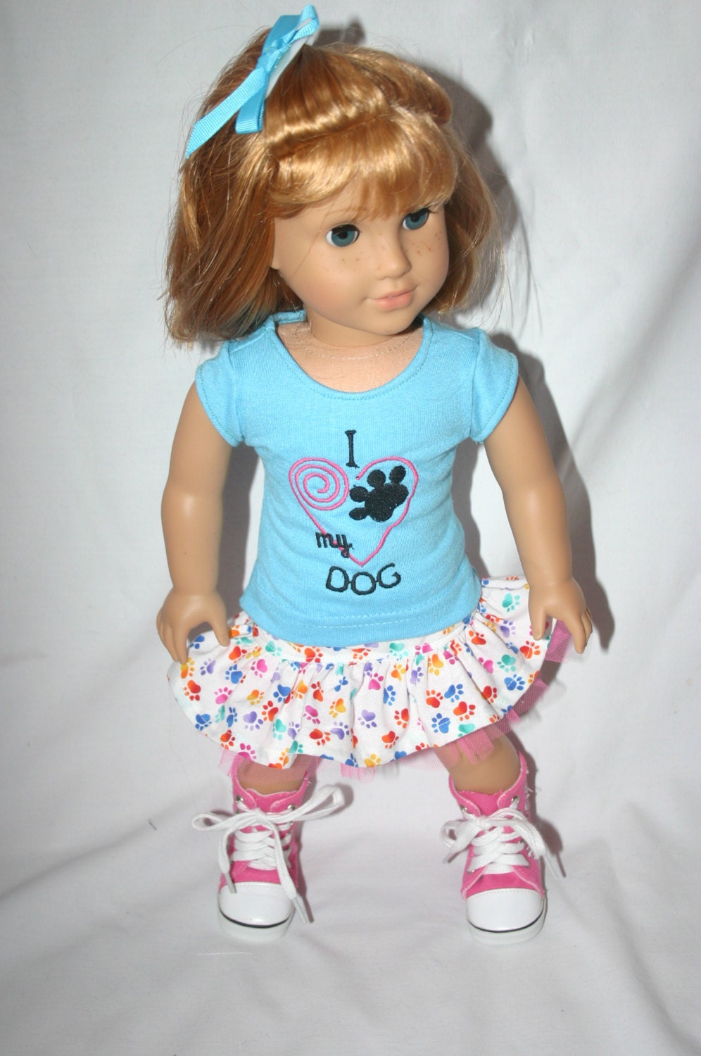 I love my dog 3 piece  outfit to fit your 18 inch american girl or similar doll, skirt, and tshirt, hairbow