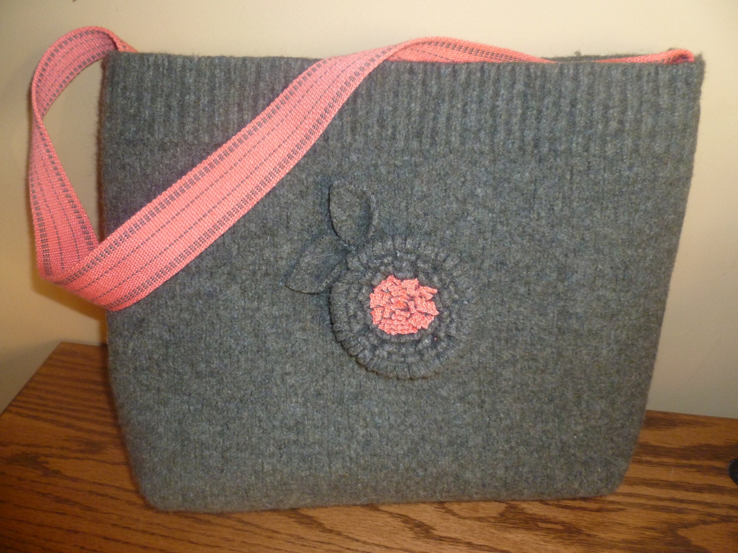 tote bag or purse hot coral olive green made from recycled felted wool sweater OOAK
