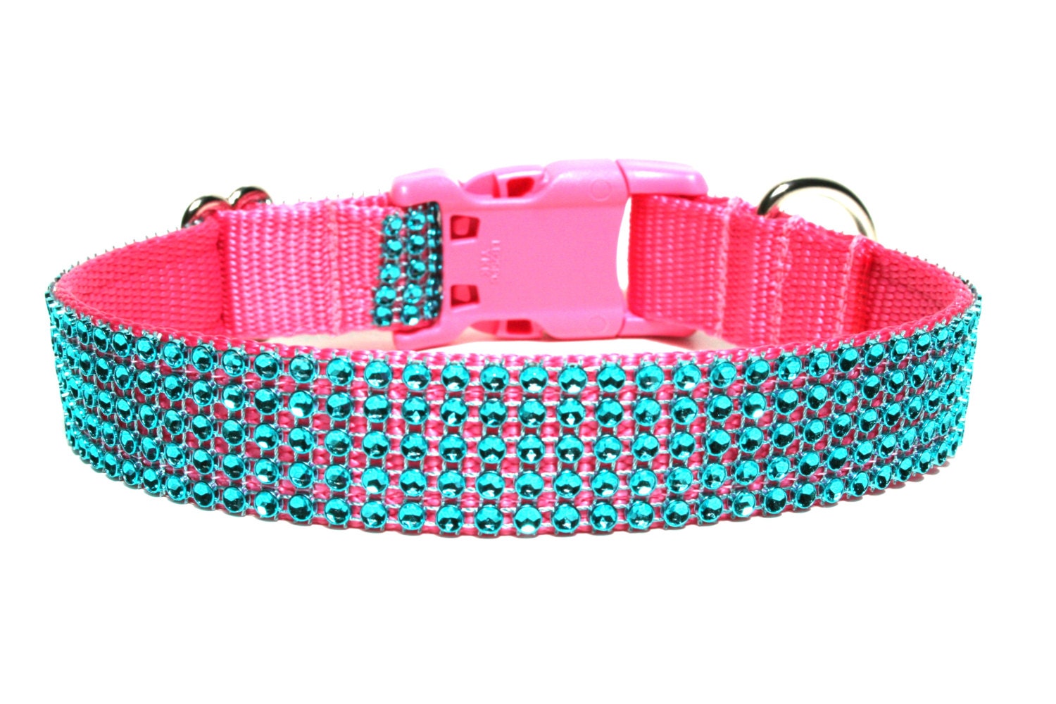 Pink and Turquoise Dog Collar 1" Rhinestone Dog Collar