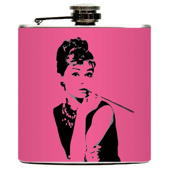 Audrey Hepburn flask. Modern style Audrey Hepburn art from the Hollywood classic movie Breakfast at Tiffanys Pink Background