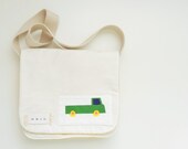 CHILD'S MAIL BAG in Marimekko Bo Boo Fabric with Green Truck - for a Boy or Girl - Messenger Bag - Tote Bag - Shoulder Bag - Personalized
