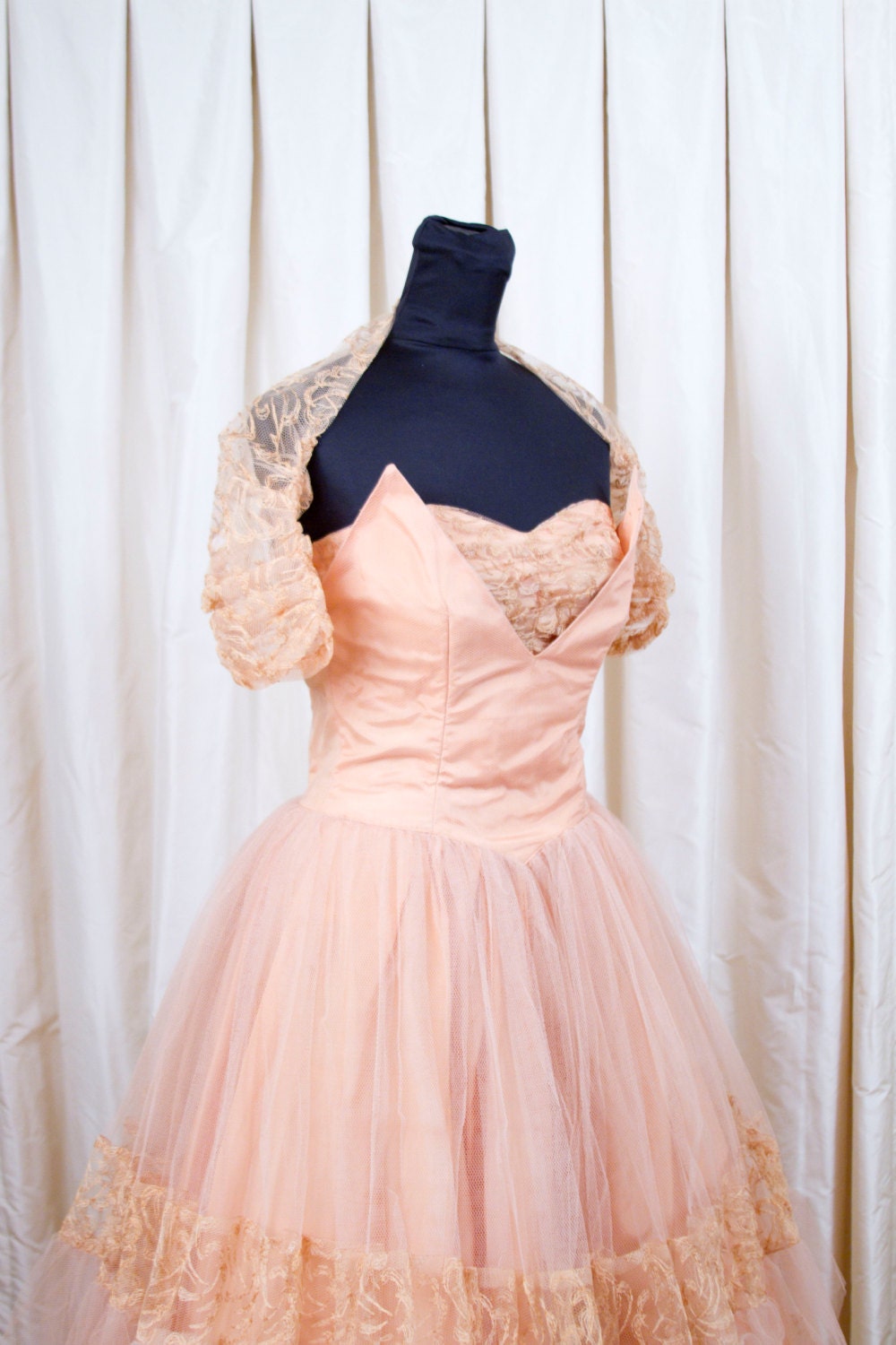 1950's Dress // Shelf Bust Peach Pink and Caramel Lacy Tulle Formal Dress with Shrug