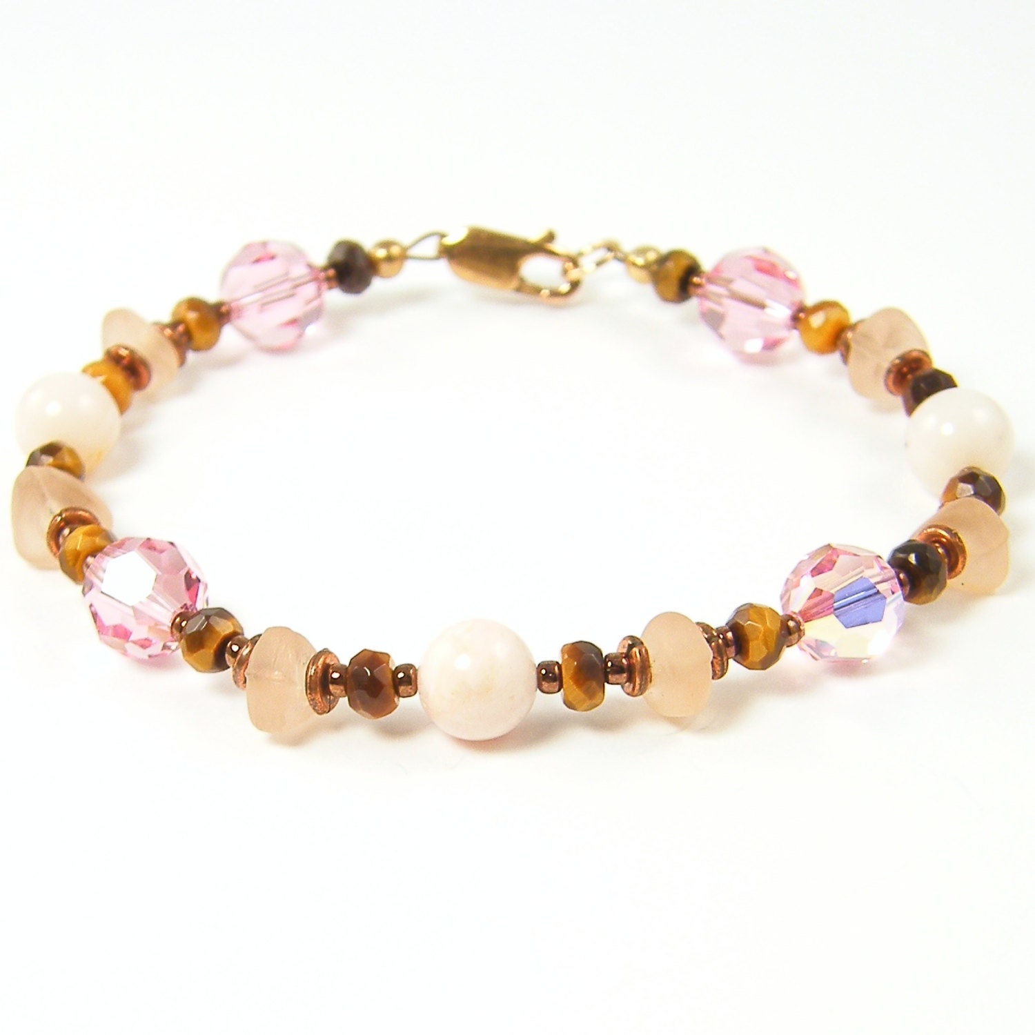 Pink Gemstone Bracelet, Small Pink Beaded Bracelet, Pink and Brown Bracelet