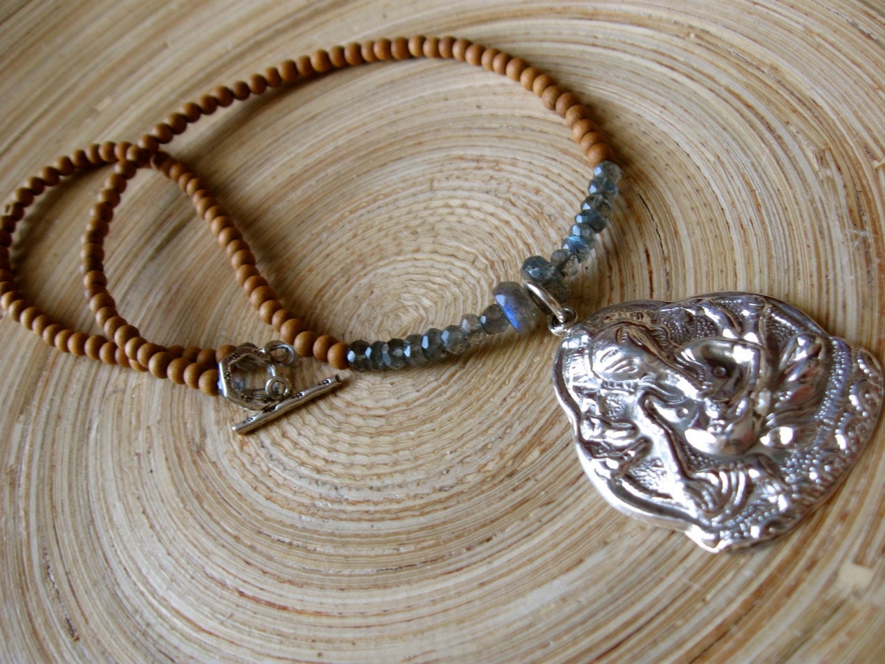 SALE Sterling silver Ganesh necklace with faceted labradorite and 108 sandalwood beads / 17" yoga necklace