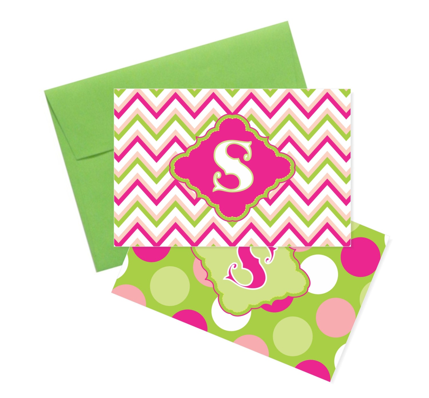 Monogrammed Note Cards Chevron Print Polka Dot Print - 4x6 flat note cards