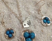 Turquoise Wire Wrapped Birds Nest Necklace and Earring set