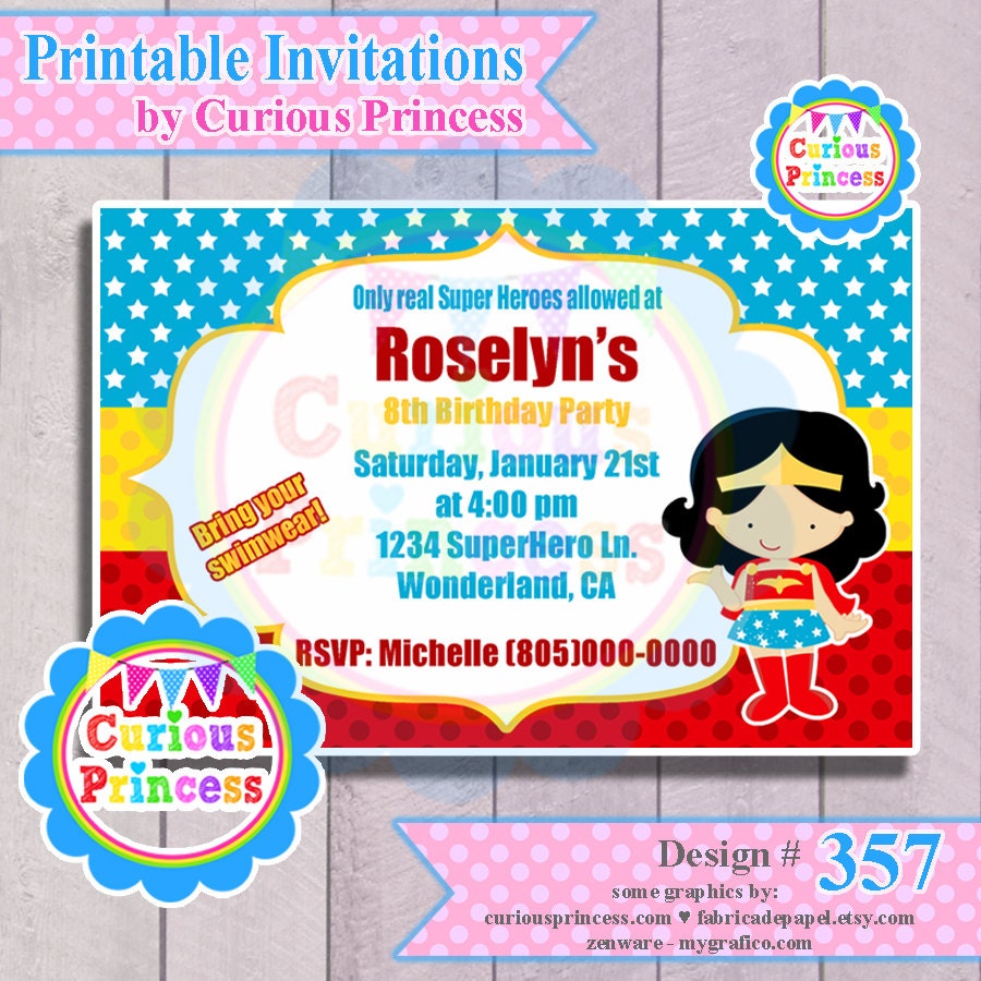 357 wonder girl invitations super hero superhero girl girly woman digital PRINTABLE file invitation 4x6 or 5x7