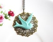 Bird Necklace Shabby Chic Necklace Turquoise Necklace Blue Bird Necklace Tiffany Blue Necklace Antique Brass Necklace Layered Necklace
