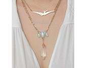 Gold Layered Necklace Gold Bird Necklace Multi Layered Necklace Long Layered Necklace Turquoise Necklace Wire Wrapped Briolette Necklace