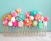 Bridal Hair Comb Shabby Chic Wedding Coral Hot Pink Turquoise Orange Aqua Sea Foam Mint Green Peach Apple Green Bright Colorful Summer