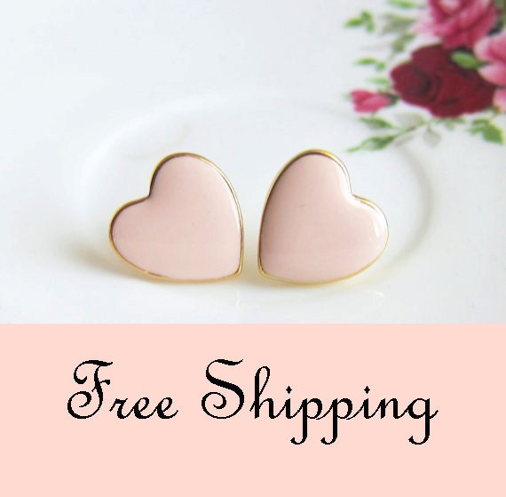 Blush Pink Earrings Soft Pink Heart Studs Rose Pink Light Pink Pale Pink Wedding Bridesmaids Earrings FREE SHIPPING