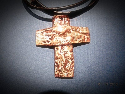 Mens Tree Bark 2 inch Rustic Cross on Leather Chain. Light Bronze, Heavy Duty Gold Color Cross