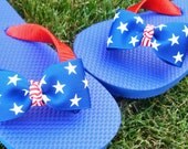 Red white and blue flip flops 4th of July Memorial day --Stars and Stripes Bow Toddler and youth sandals
