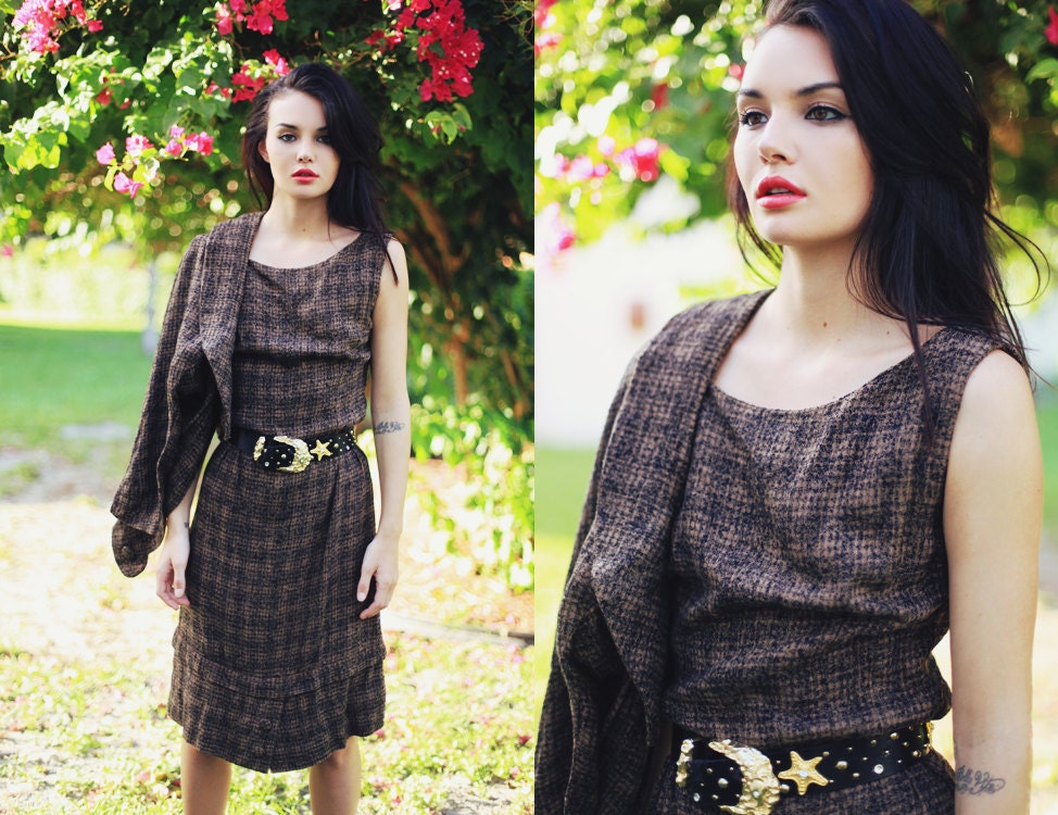 1940s 50s Checkered Brown Linen Dress
