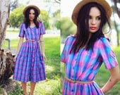 1980s Purple Blue Gingham Summer Dress