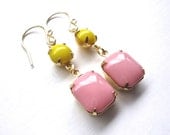 Pink Yellow Earrings - Fun Summer Time Jewelry - Handmade Vintage Inspired