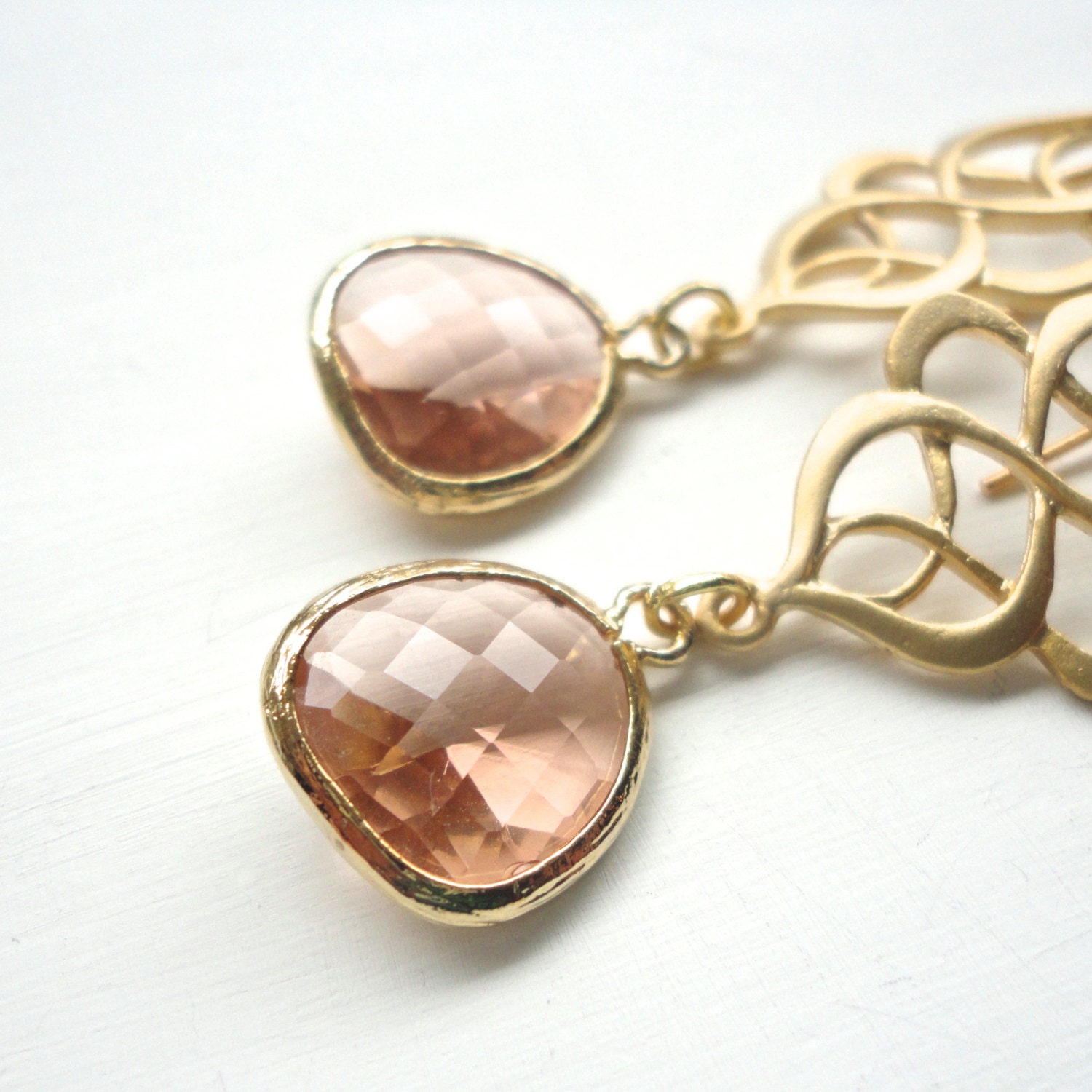 Gold Peach Dangle Earrings - Handmade Wedding Jewelry or Everyday Wear