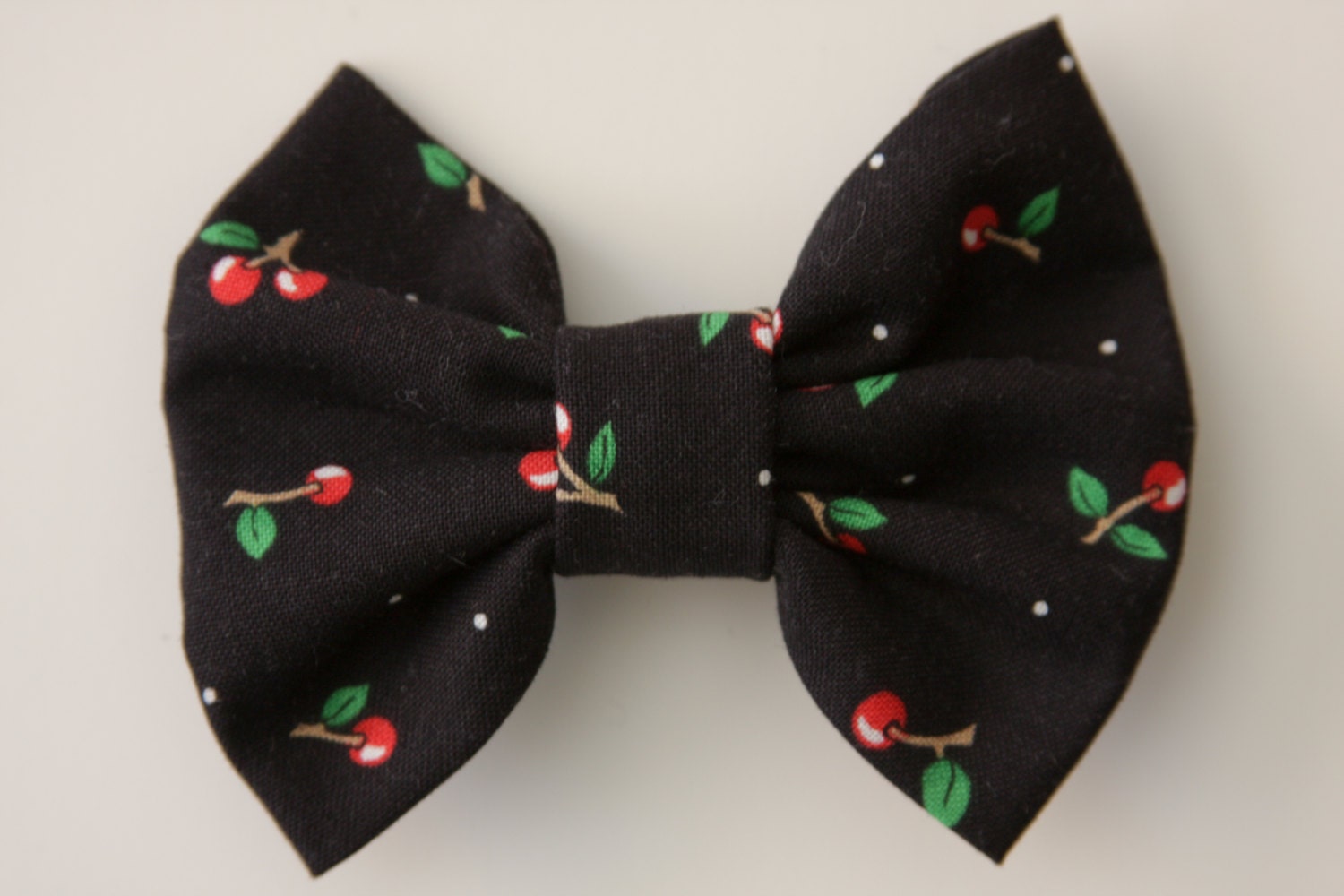 PREPPY BOW: Black and White Polk a Dot and Cherry Bow Barrette/Hair Clip/Headband or Bow Tie