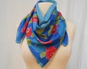 Blue & Pink Polka Dot and Rose Floral Print Satin Scarf / Large Square 29 x 29"