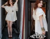 Vintage 70s Cream Flutter Cotton Tent Tunic Top Mini Dress OSFA