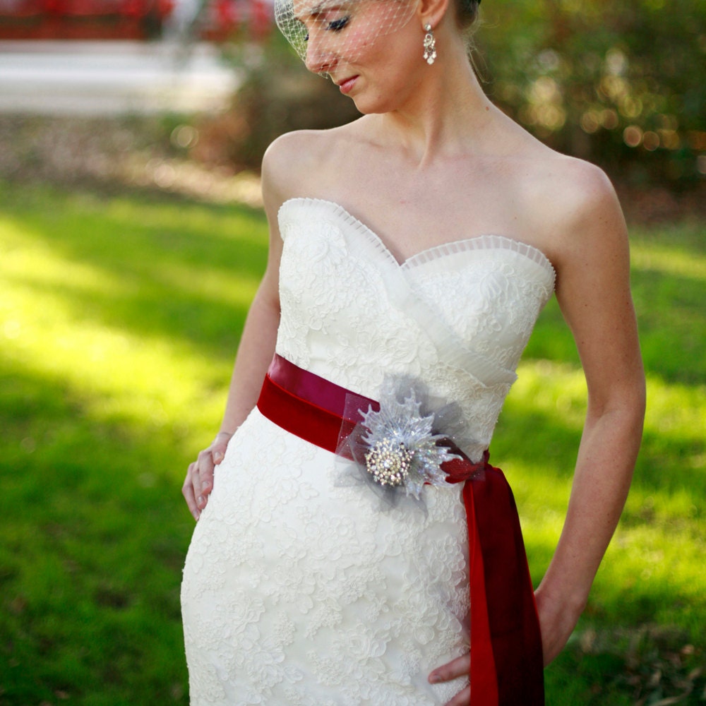Satin and Velvet Vintage Brooch Sash with Tulle