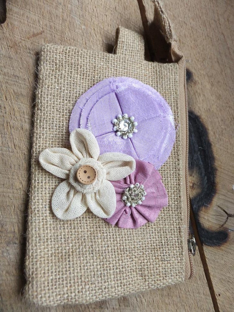 SMALL size Burlap Pouch with Flower embellishments