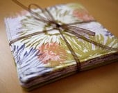 Modern Floral Printed Fabric Coasters - Greens/Lavender - Set of 6 - Housewarming Gift, Wedding Gift