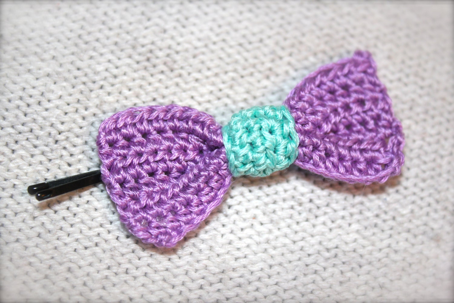 Crochet Hair Bow, Purple and Light Blue