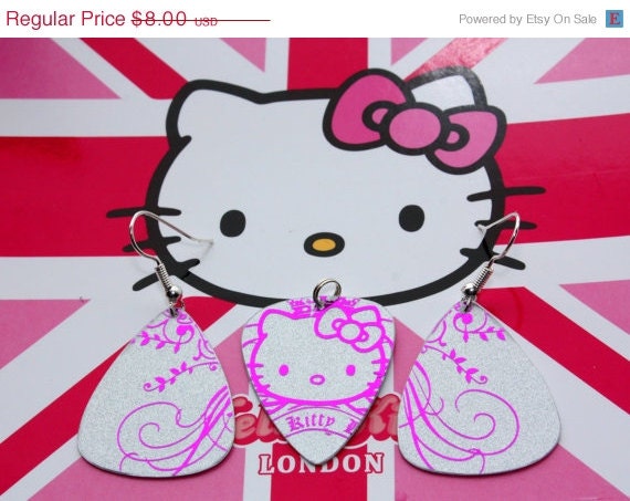 ON SALE HELLO Kitty Handmade Upcycled Gift Card Guitar Pick Earrings & Necklace Pendant Eco-Friendly Kids Jewelry, Girl Earrings