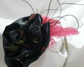 Black Asian Print Flower Headband, Black brocade flower, Handmade Headband,  womens headband, Brocade flower, black feathers, red feathers