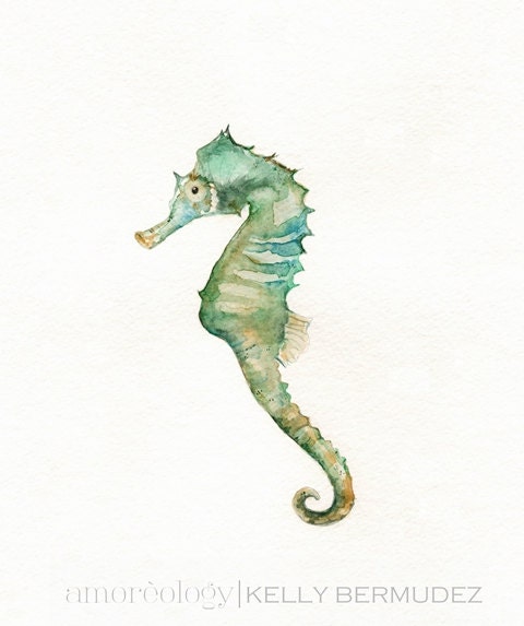 Seahorse/ watercolor print/teal/light green/aqua/tan/sea/ocean life/ Archival Print