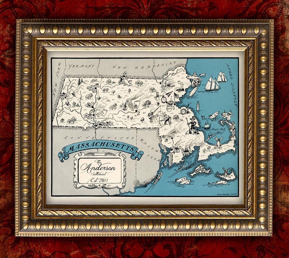 Custom MAP Art Print MASSACHUSETTS Vintage Retro Personalized Map Wedding Housewarming Gift Home Decor Wall Decor 8x10 All States Available