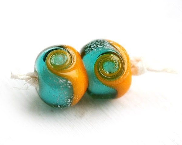 Lampwork beads glass PAIR, Bright Yellow and teal green, handmade, for jewelry making - SRA, by MayaHone
