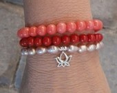 Joy & Happinness Coral, Pearls with Sterling silver Lotus charm, meditation set, Yoga bracelet set, energy set, Reiki, free shipping0